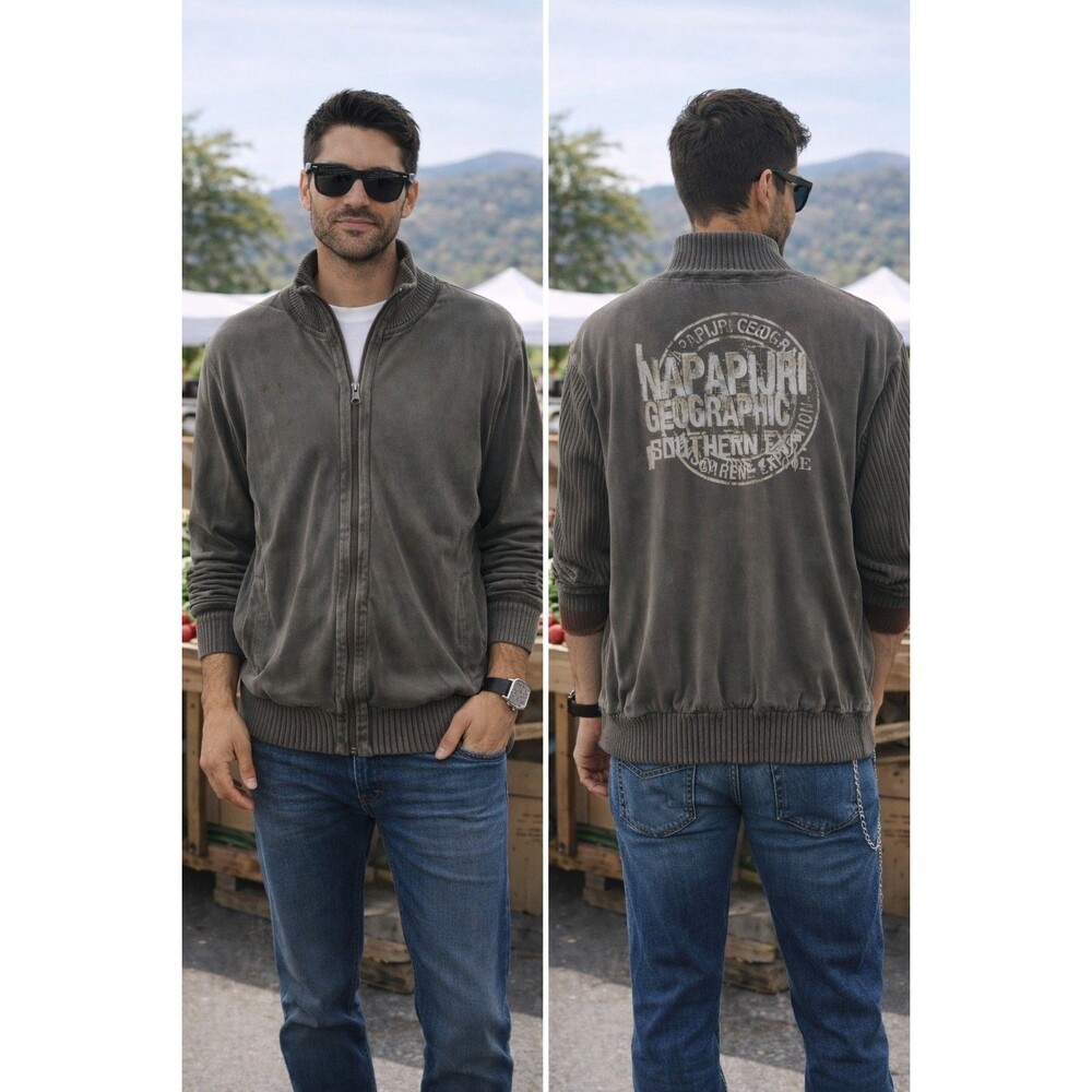 Napapijri Mens Brown/ Green Wash Full Zip Urban Cotton Ribbed Knit Jacket Size L